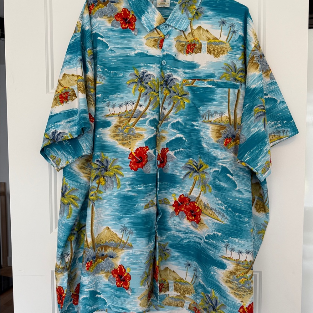 Tropical Hawaiian Shirt with Floral and Island Print VINTAGE Rima XXL